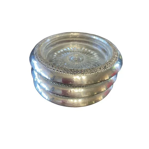 Set of 3 Antique Art Deco Sterling Silver Wrapped Crystal Coasters - Picture 4 of 11